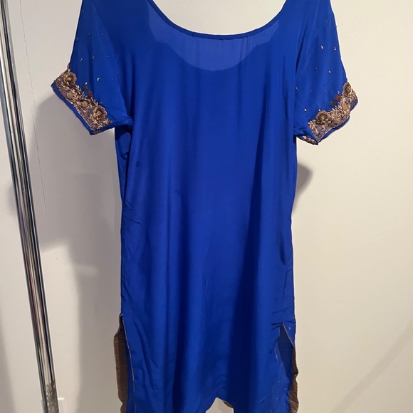 Women’s Indian 3 Piece Blue Silk Sequin Top & Pants w Matching Wrap-Large - Picture 5 of 11